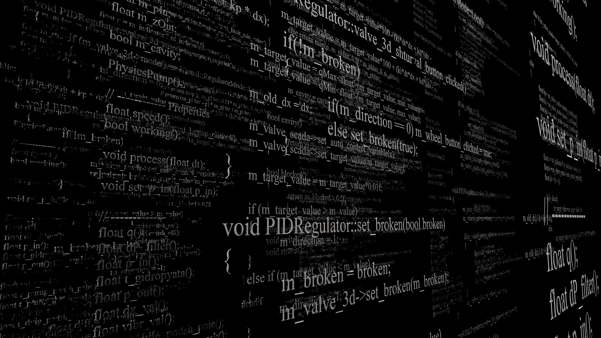 Software source code. Layers of program code on black background